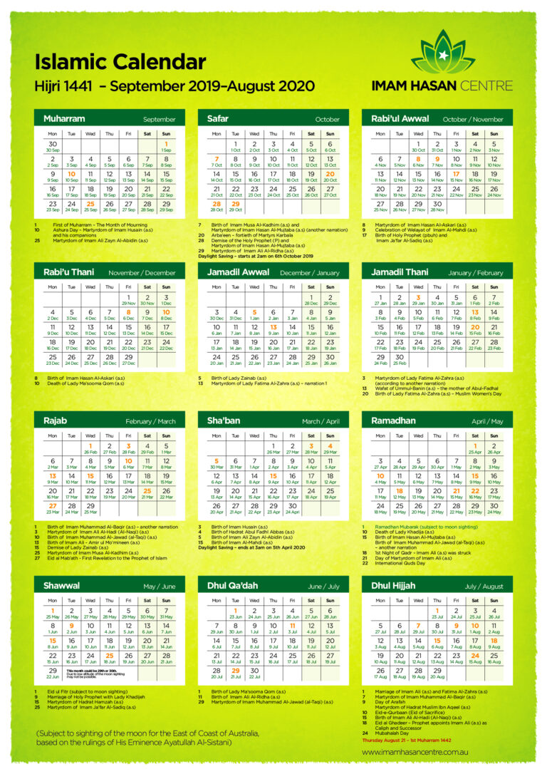 1441 Hijri Islamic Calendar September 2019 August 2020 Imam Hasan